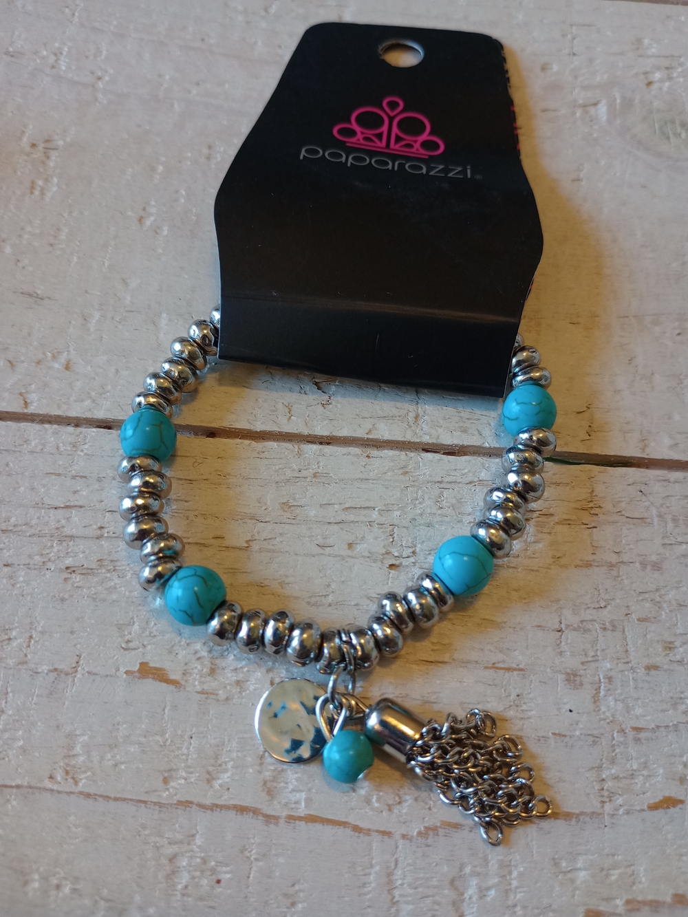 paparazzi Turquoise Beaded Stretch Bracelet with Silver Tassel